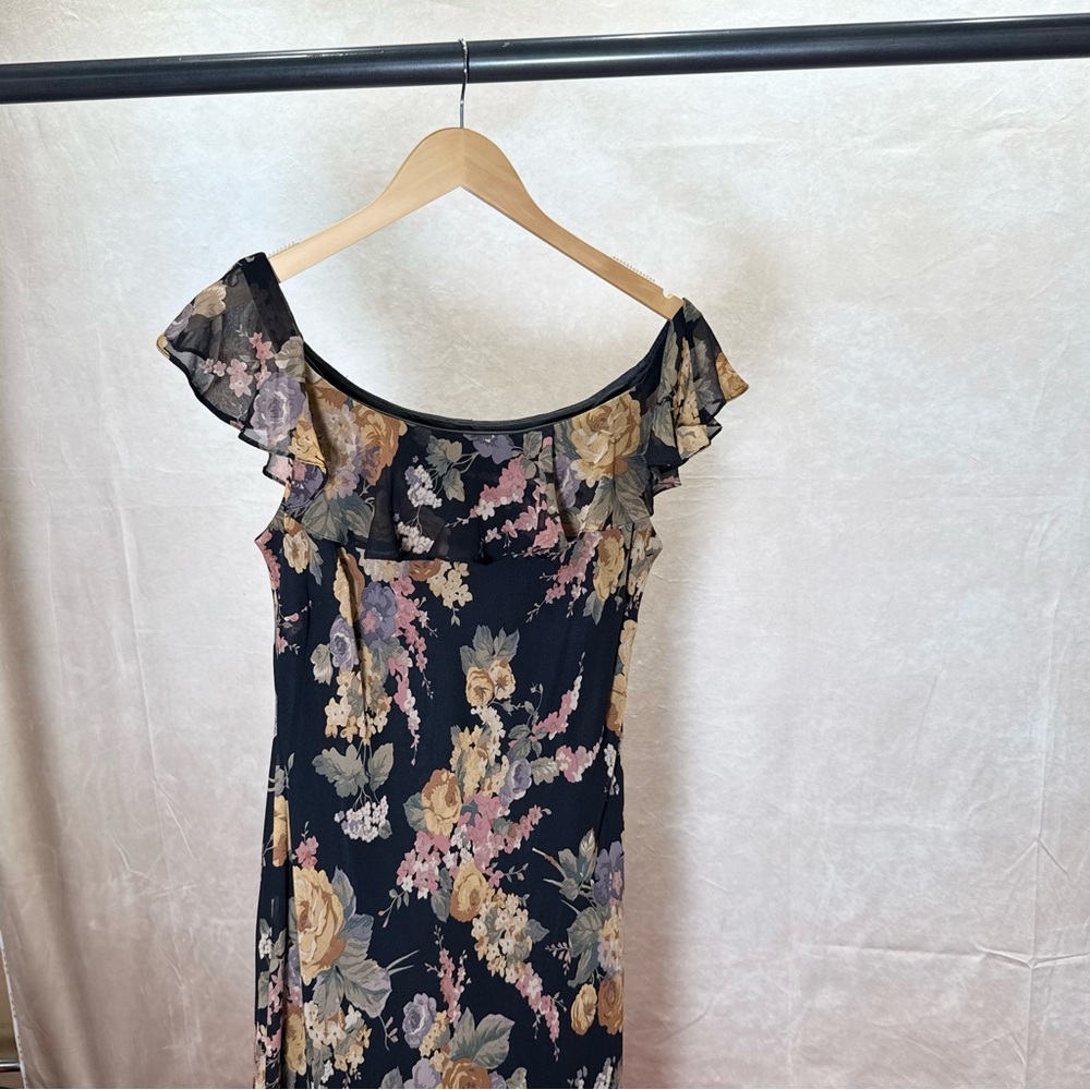 Ralph Lauren floral Ruffle Off-Shoulder Midi Dress - Black with Pink & Gold